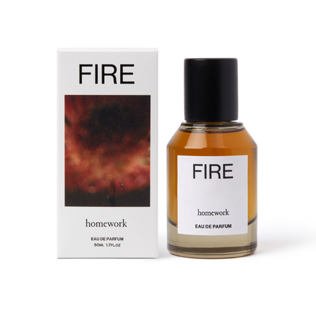 Perfume bottle and packaging labeled 'Fire' by Homework on a white background | Homework Store | Shop Fodder