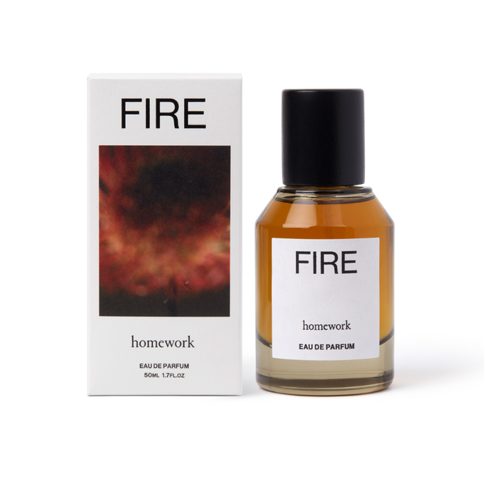 Perfume bottle and packaging labeled 'Fire' by Homework on a white background | Homework Store | Shop Fodder