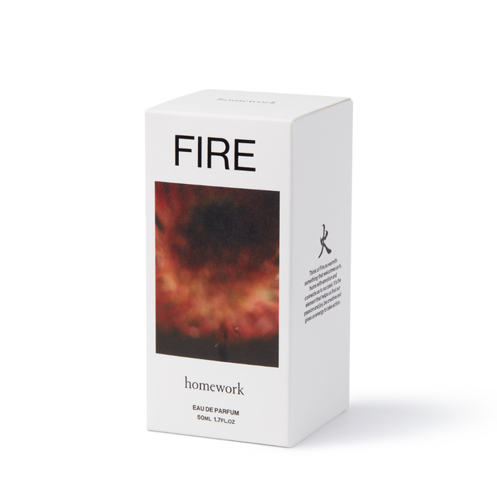 Parfum packaging labeled 'FIRE' by 'homework' on a white background | Homework Store | Shop Fodder