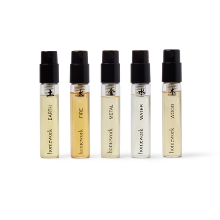 Five small perfume bottles labeled 'Earth', 'Fire', 'Metal', 'Water', and 'Wood' by 'homework' on a white background. | Homework Store | Shop Fodder