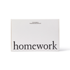 White box labeled 'homework' with text on a white background | Homework Store | Shop Fodder