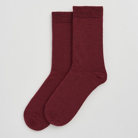 Pair of maroon socks on a light gray background.  Pairs Socks | Shop Fodder