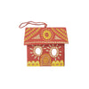 Decorative red birdhouse with yellow and white patterns on a white background. East End Press | Shop Fodder