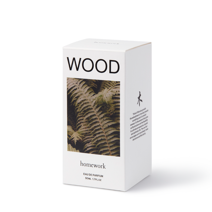 White box of 'Wood' perfume by Homework on a white background | Homework Store | Shop Fodder