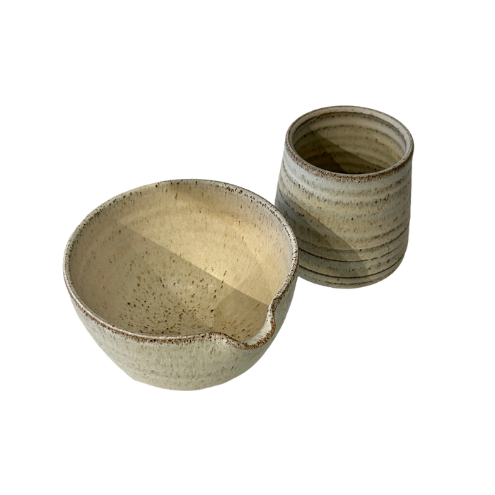 Handmade Matcha Bowl by Aku Ceramics in Dune with matching Yunomi | Shop Fodder