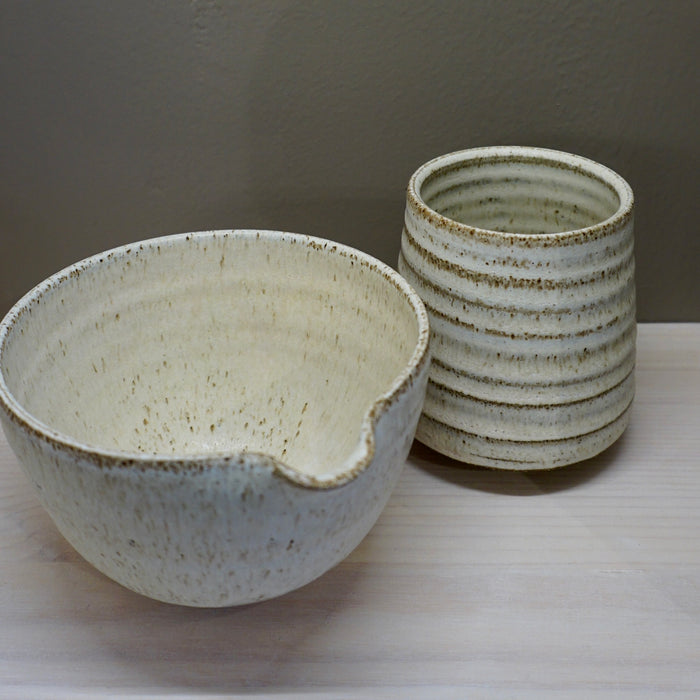 Ceramic Yunomi Cup handmade by Aku Ceramics with white matcha bowl | Shop Fodder