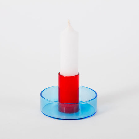 Duo Tone Glass Candlestick Holder | Blue ad Red | Block Design | Kentish Town Stores