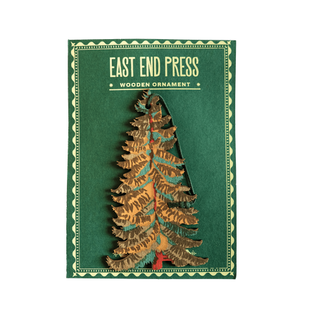 Wooden Christmas tree ornament with 'East End Press' branding on a green background  | East End Press | Shop Fodder