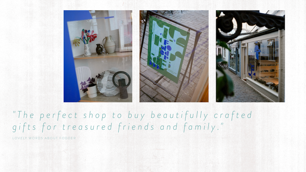 Collage of a store interior with framed artwork and decorative items, featuring text about buying gifts. Fodder, Hampstead Lodon