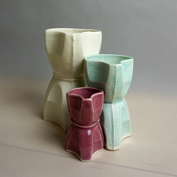 Three ceramic vases in different colors on a neutral background. Tessellating Pourer | Fettle Studio | Shop Fodder