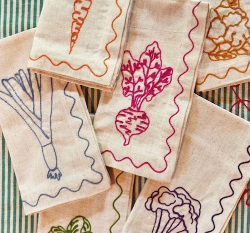 Embroidered Vegetable Linen Napkins | Set of 6