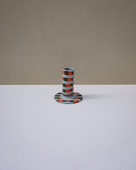 Handbuilt nerikomi checkerboard candle holder by Fern Taylor in layered coloured stoneware. Fodder.
