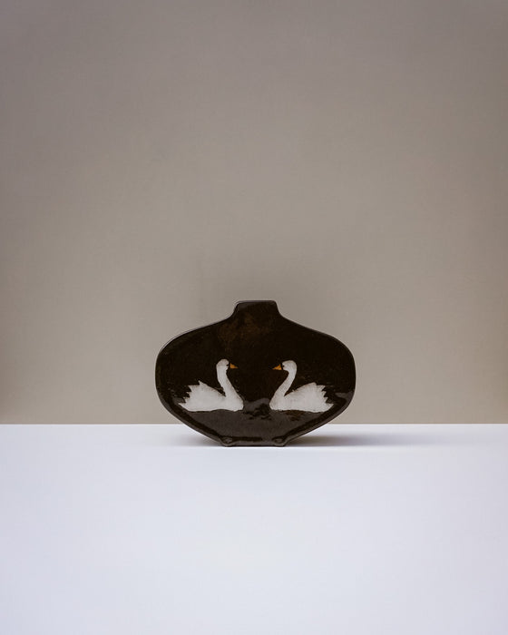Handbuilt medium nerikomi swan vase by Fern Taylor in layered coloured stoneware with a crackle gloss glaze. Fodder