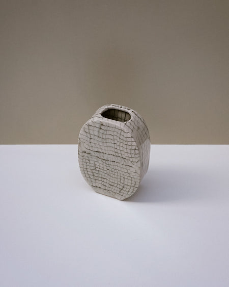 Handbuilt nerikomi oval vase by Fern Taylor in layered coloured stoneware with a crackle gloss glaze. Fodder