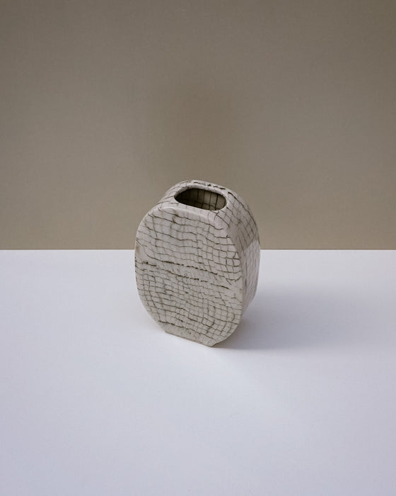 Handbuilt nerikomi oval vase by Fern Taylor in layered coloured stoneware with a crackle gloss glaze. Fodder