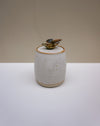 A small handmade ceramic lidded container with a textured off-white glaze, a thin tan rim, and a small bird figurine on top, set against a neutral beige and white background.  Liz Vidal Ceramics | Fodder | Hope Collection