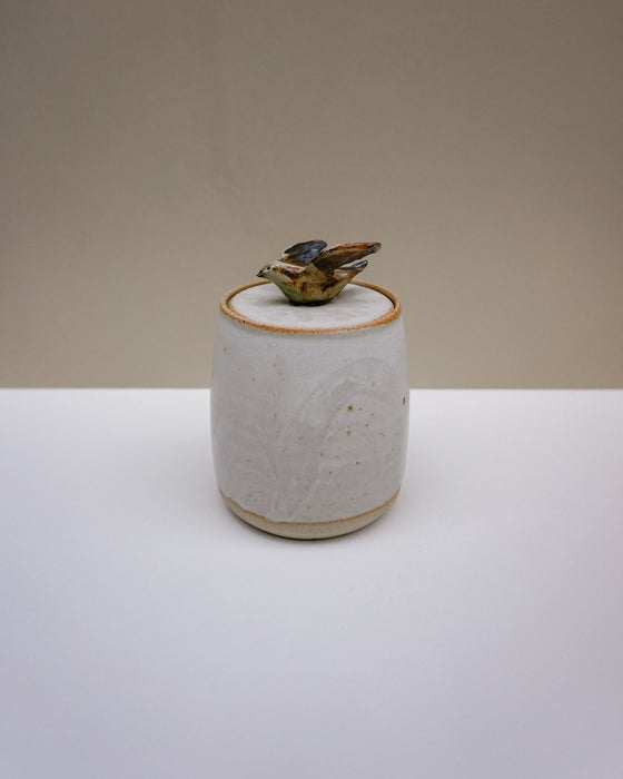 A small handmade ceramic lidded container with a textured off-white glaze, a thin tan rim, and a small bird figurine on top, set against a neutral beige and white background.  Liz Vidal Ceramics | Fodder | Hope Collection
