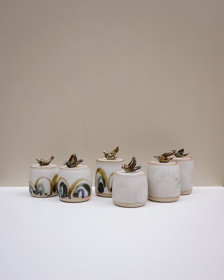 Six small handmade ceramic canisters with lids, decorated with abstract painted patterns in earthy tones and topped with sculptural bird figures, arranged on a white surface against a beige background. Liz Vidal Ceramics | Fodder | Hope Collection