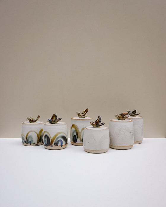 Six small handmade ceramic canisters with lids, decorated with abstract painted patterns in earthy tones and topped with sculptural bird figures, arranged on a white surface against a beige background. Liz Vidal Ceramics | Fodder | Hope Collection