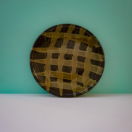 Ceramic plate with Green & Brown slip surface decoration. Lily Pearmain Ceramics | Shop Fodder