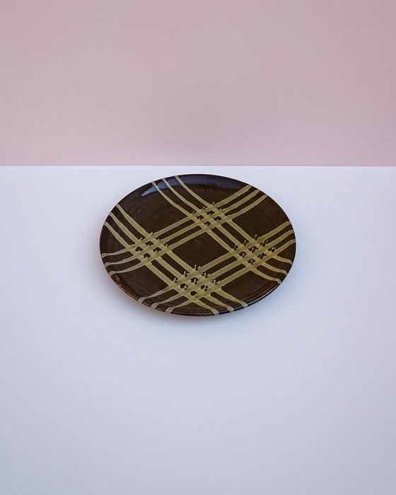 Dinner Plate | Nicotine crosshatch dinner service by Lily Pearmain - green glaze slip decoration - stoneware - Fodder