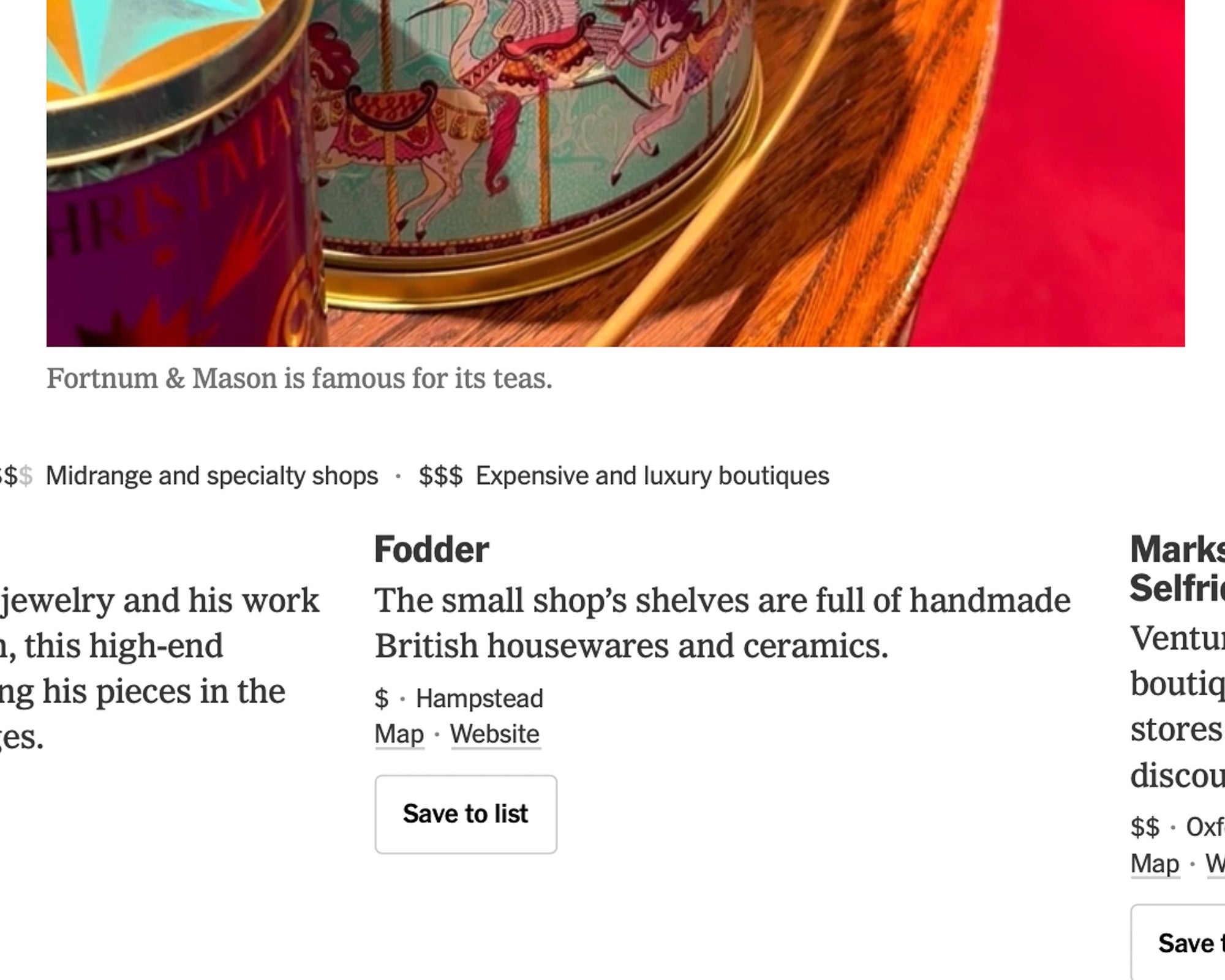 A cropped webpage screenshot showing a decorative tea tin with a carousel illustration and the text 'Fortnum & Mason is famous for its teas.' Below, travel-style business listings appear, including 'Fodder' and 'Marks & Selfridge,' on a white page with black text.