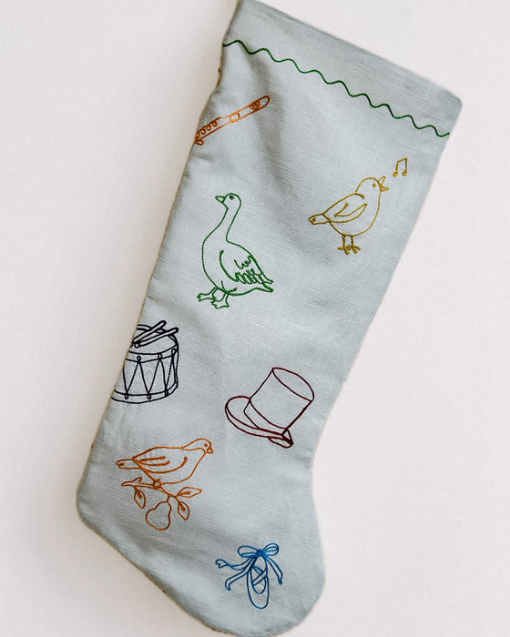 12 Days of Christmas embroidered linen Christmas stocking by See & Quin - carol motifs - Fodder