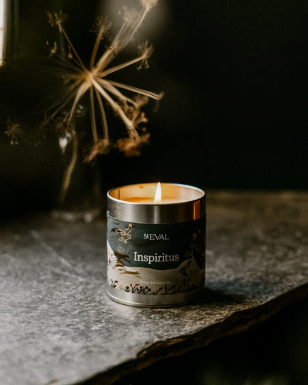 A lit SEVAL Inspiritus candle in a silver metal tin with a dark illustrated label, placed on a stone surface with a blurred dandelion in the background.