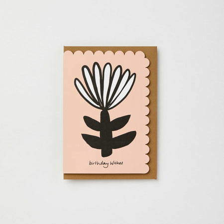 Greeting card with black floral design and 'birthday wishes' text on a pink background. Kinshipped Diary | Kinshipped | Shop Fodder