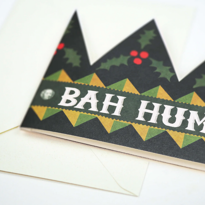 Christmas-themed card with 'Bah Hum' text on a white background. Hadley Paper Goods | Shop Fodder