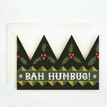 Holiday card with 'Bah Humbug!' text and holly design on a white background. Hadley Paper Goods | Shop Fodder