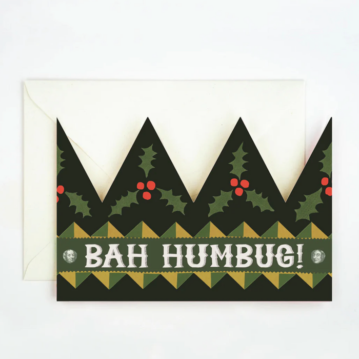 Holiday card with 'Bah Humbug!' text and holly design on a white background. Hadley Paper Goods | Shop Fodder