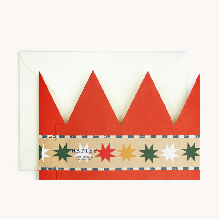 Red crown-shaped card with a patterned border on a white background. Hadley Paper Goods | Shop Fodder