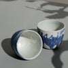 an espresso cup on a table. one of the two is on its side so you can see inside the cup. 