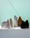 Five ceramic vases of different shapes and colors on a light surface with a light green background | Jode Pankhurst