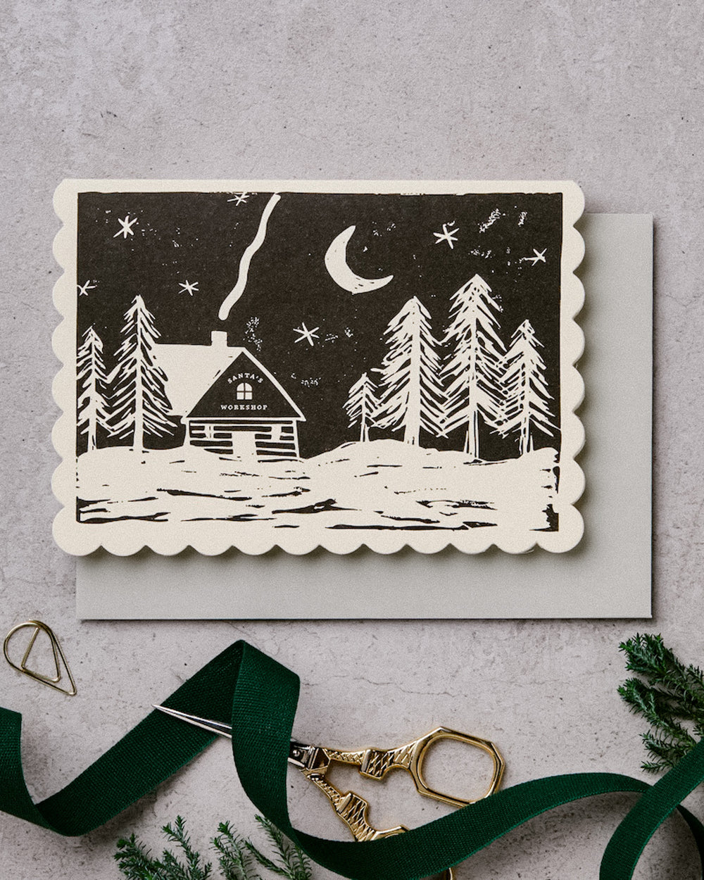 Lino Cut Santa's Workshop Christmas Card | Katie Leamon