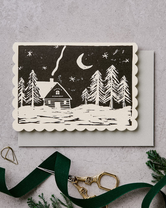 Lino Cut Santa's Workshop Christmas Card | Katie Leamon