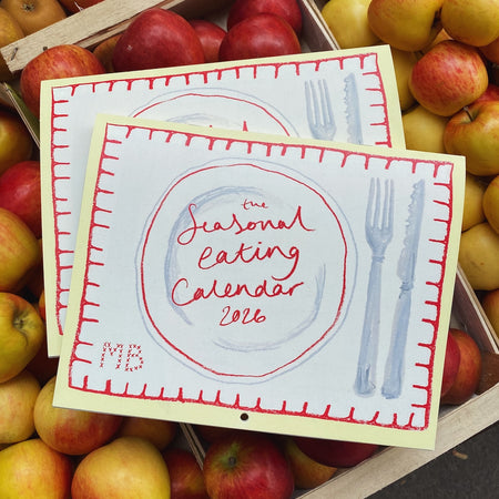 Two 'Seasonal Eating Calendar 2016' cards with a plate, fork, and knife illustration on a background of apples. Emma Cantley | Mainly Breakfast | Shop Fodder