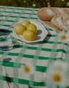 Lemons on a white plate with bread and water glass on a green checkered tablecloth
