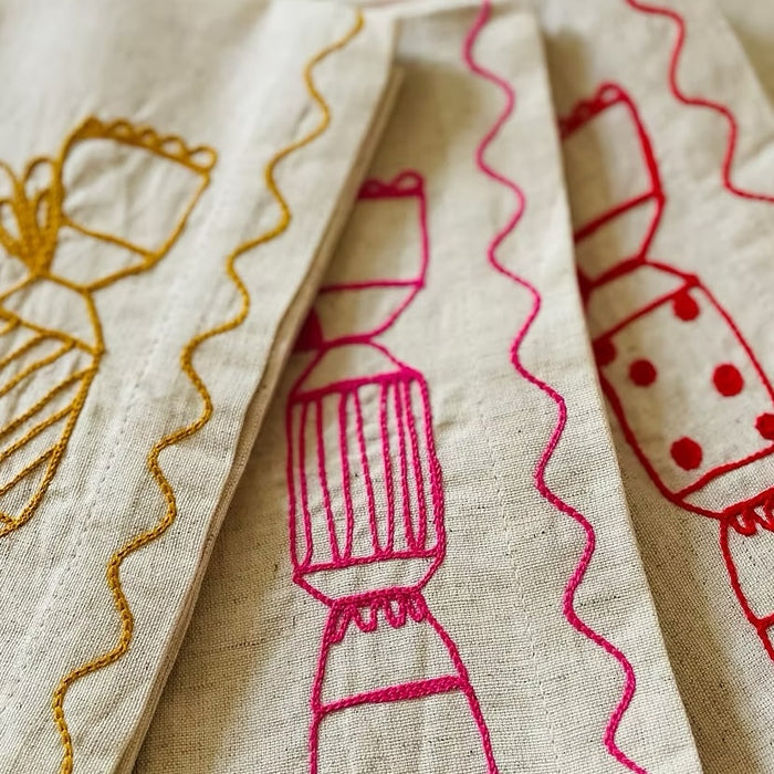 Embroidered Christmas Cracker Linen Napkins | Set of 4