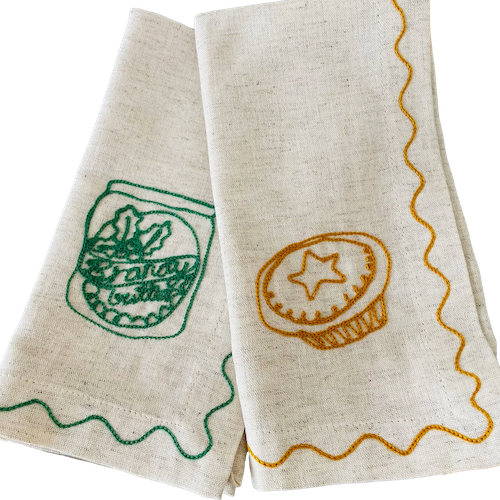 Embroidered Mince Pie & Brandy Butter Linen Napkins | Set of 2