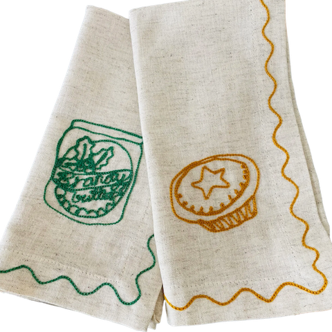 Embroidered Mince Pie & Brandy Butter Linen Napkins | Set of 2