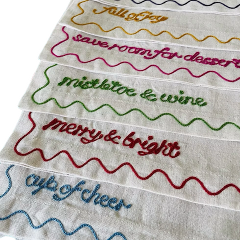 Embroidered Festive Phrase Napkins | Set of 6