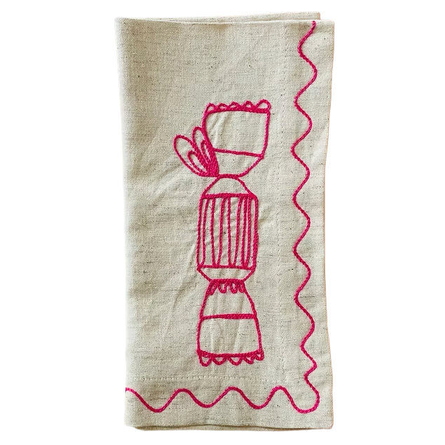 Embroidered Christmas Cracker Linen Napkins | Set of 4