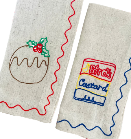 Embroidered Christmas Pudding & Custard Linen Napkins | Set of 2