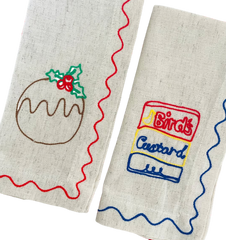 Embroidered Christmas Pudding & Custard Linen Napkins | Set of 2