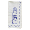 White towel with blue embroidered design of a bottle labeled 'Brown Sauce' on a white background. Embroidered Linen Napkins | See & Quin | Shop Fodder
