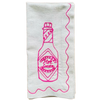 White towel with pink embroidered hot sauce bottle design on a white background. Embroidered Linen Napkins | See & Quin | Shop Fodder