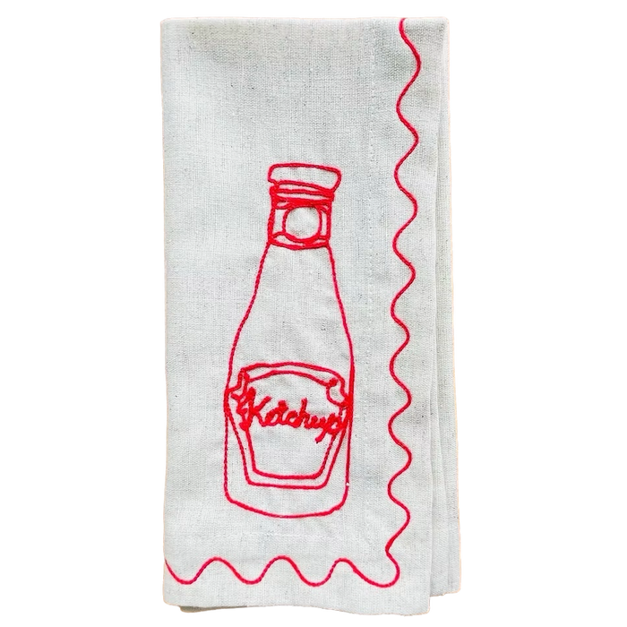 White towel with red ketchup bottle design on a white background. Embroidered Linen Napkins | See & Quin | Shop Fodder