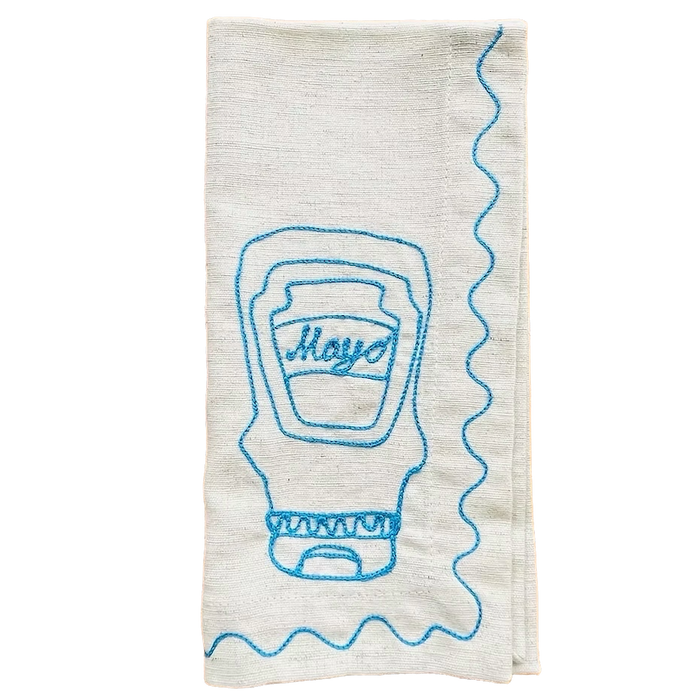 Textured towel with blue embroidered design of a mayonnaise jar on a white background. Embroidered Linen Napkins | See & Quin | Shop Fodder
